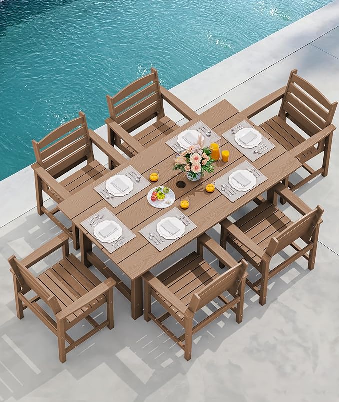 SERWALL 8-Piece Patio Dining Sets with 15FT Double Side Patio Umbrella, Outdoor HDPE Dining Furniture Set with Umbrella Hole Cut-Out Table and 6 Chairs, Brown(Umbreall Base not Included)