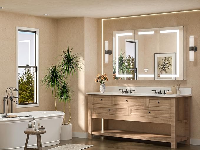 TETOTE 48 x 32 Lighted Medicine Cabinet with LED Lights, 3 Door Recessed or Wall Mount Bathroom Cabinet, Led Vanity Cabinet Mirror, Tempered Glass, Outlets & USB, Adjustable Shelf, 3-Color Lights