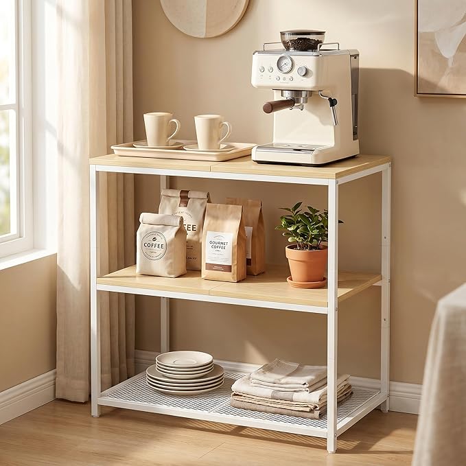 Homleke Kitchen Island with 3 Shelves, Kitchen Shelf with Large Workstation, Bakers Rack, Workbench, Metal Frame, White and Natural