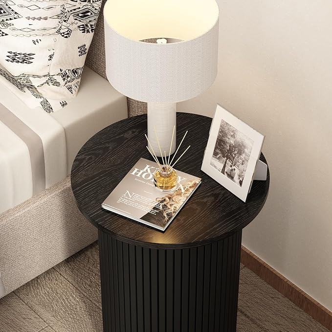 Wnutrees Round Fluted End Table, Small Accent Pedestal Side Table, Wood Fluted Nightstand Bedside Table for Living Room, Handcrafted Finish, Black, 2Pack