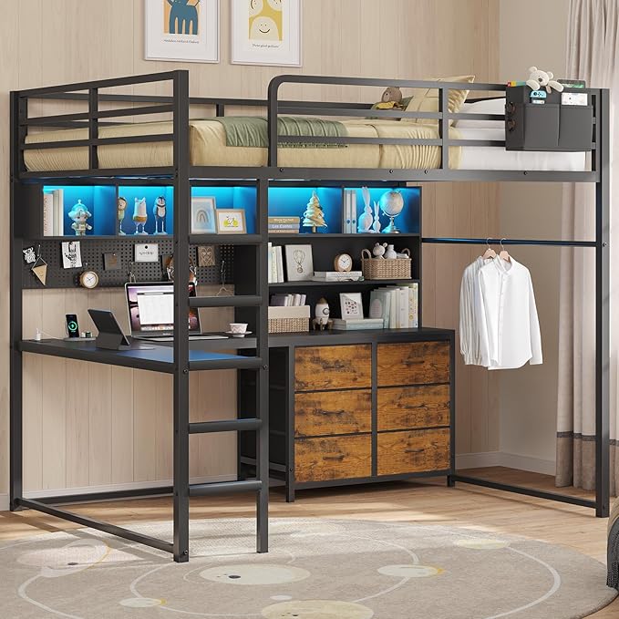 DICTAC Full Size Loft Bed with L-Shaped Desk,Bookshelf and Charging Station Metal Full Loft Bed with 6 Storage Drawers,Open Shelves and Hutch,Teen loft beds with Led Lights and Safety Guardrail,Black