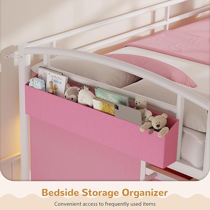 Low Loft Bed Twin Size with 4 Storage Drawers and LED Lights, Twin Loft Bed with Sling Bookcase & Toy Storage, Kids Twin Beds with Anti-Collision Pad & Play Curtain, Under-Bed Play Space, Pink+White