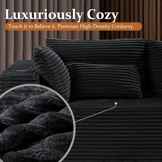 30" Cloud Sectional Couch Single Seat for Living Room, Extra Deep Seats No Assembly, Minimalist Modular Couch, Corduroy (Black, Single seat)