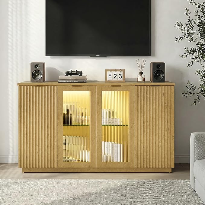 Einhomn 55" Sideboard Fluted Buffet Cabinet with Storage, Glass Doors & Led Lights, Coffee Bar Station with Adjustable Shelves, Modern Wood Cabinet for Kitchen, Living Room, Natural Oak