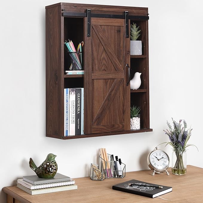 RUSTOWN Farmhouse Wood Wall Storage Bathroom Cabinet with Sliding Barn Door, Rustic Medicine Cabinet with Adjustable Shelf, 3-Tier Vintage Cabinet for Kitchen Dining, Bathroom, Living Room (Walnut)