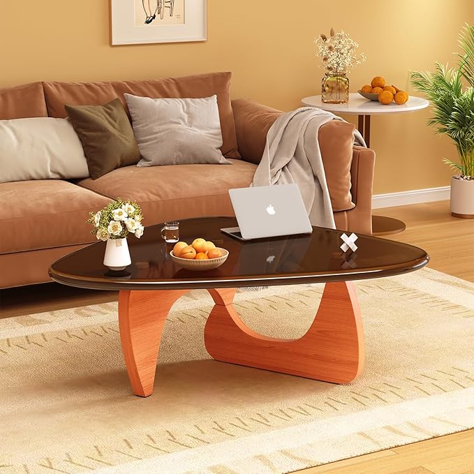 Coffee Table for Living Room Mid Century Modern Center Small Table with Glass Top and Wood, Walnut Brown(32 Inch)