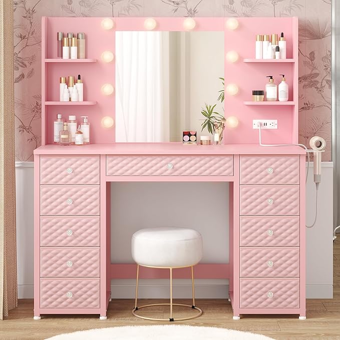 HAUOMS Pink Vanity with Lights and Mirror, 11 Drawer Makeup Vanity with Power Strip, 6 Open Shelves, 43.3” Vanity Desk with Storage, Dressing Table with 3 Color Modes for Bedroom, Women, Girls (Pink)