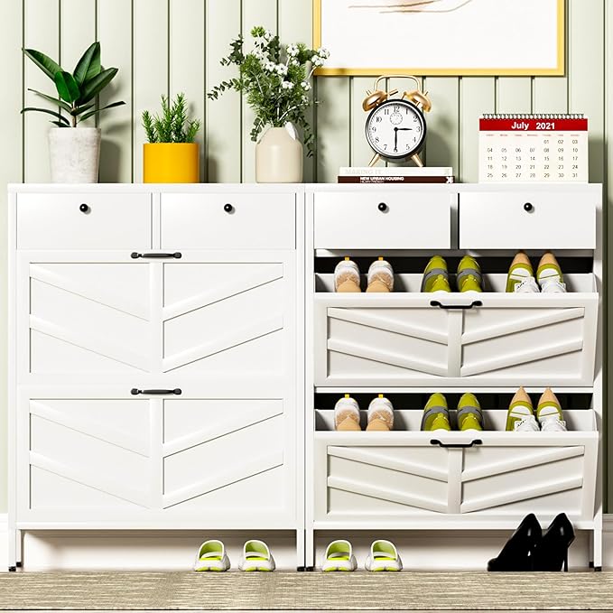 Metal Shoe Storage Cabinet for Entryway,White Shoe Cabinet with 2 Flip Drawers & 2 Top Drawers Hidden Slim Shoe Organizer Rack Freestanding Narrow Entrance Shoe Cabinet with Leg for Hallway Front Door