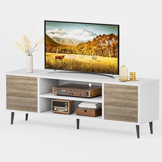 JUMMICO TV Stand for 65 Inch TV, Mid Century Modern TV Stand, Entertainment Center with Storage Cabinet and Open Shelves, TV Console Table Media Cabinet for Living Room, and Bedroom (Oak)