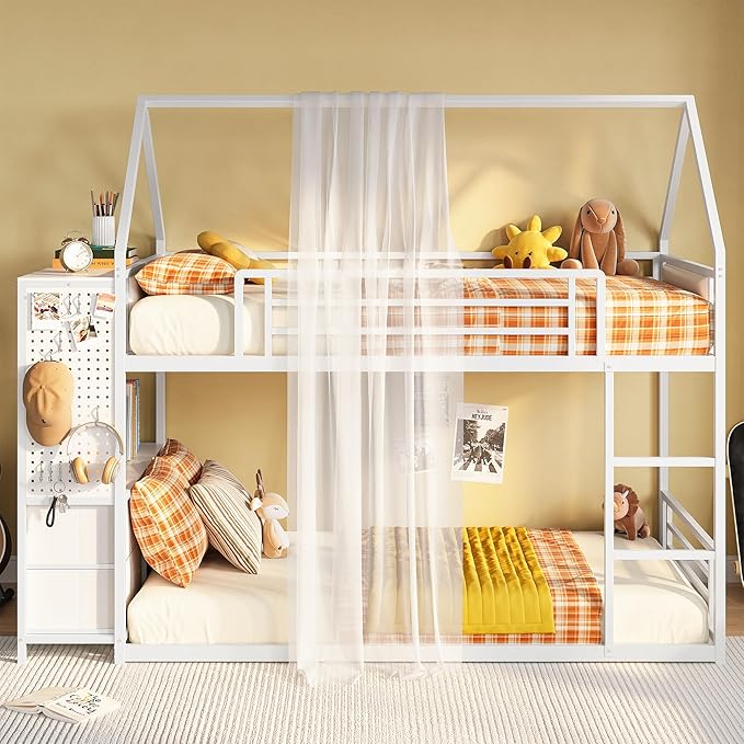 LIKIMIO Bunk Bed Twin Over Twin, House Bed Frame with 6 Storage Drawers,Hall Tree, Twin Bed with Metal Slats for Dormitory and Bedroom, Space Saving, No Box Spring Needed, White