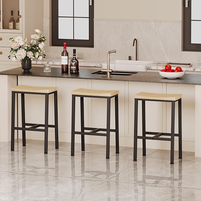 Homeiju Bar Stools, Counter Height Bar Stools Set of 2, 23.6 Inch Saddle Stools with Footrests, Industrial Kitchen Counter Seat for Dining Room, Kitchen, Counter, White Oak