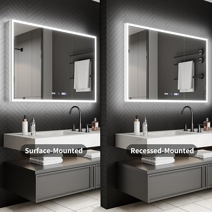ExBrite 48 x 32 Lighted Medicine Cabinet with Mirror, Front&Backlit led Medicine Cabinet,Clock Temp Display,Defog,5X Magnifier,3 Colors Temper Dimmable,Surface or Recessed Mount,Door Wide Open