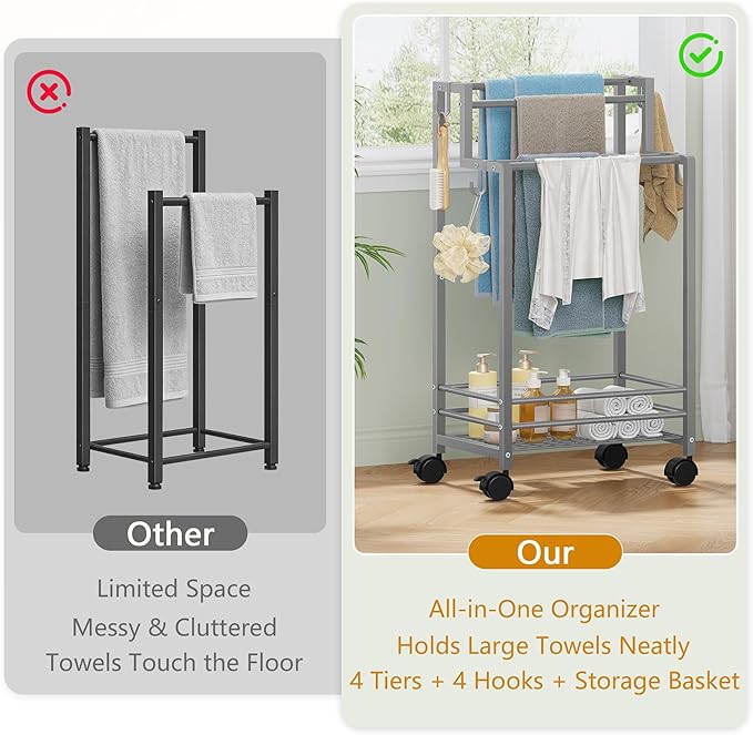 Gewudraw Free Standing Towel Rack, Pool Towel Rack, 4-Tier Blanket Stand with Shelf, Bathroom Towel Drying Rack with 4 Hooks, Rust-Resistant Drying Rack Indoor/Outdoor, Silver
