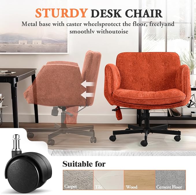 Criss Cross Chair with Lumbar Airbag & Folding Arms Relieve Back Pain, Wide Cross Legged Office Chair for Home Office, Comfy Swivel Desk Chair with Wheels, 5 Level Adjustable Armrest, Chenille(Orange)