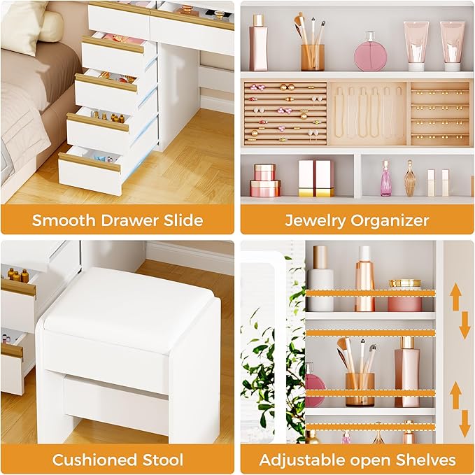 ANWBROAD Vanity Desk with Sliding Mirror and Lights,Large Makeup Vanity Set with Jewelry Storage,11 Drawers,6 Shelves, 3 Color Lights, White Dressing Table with Stool Power Outlet for Women UBDT98W