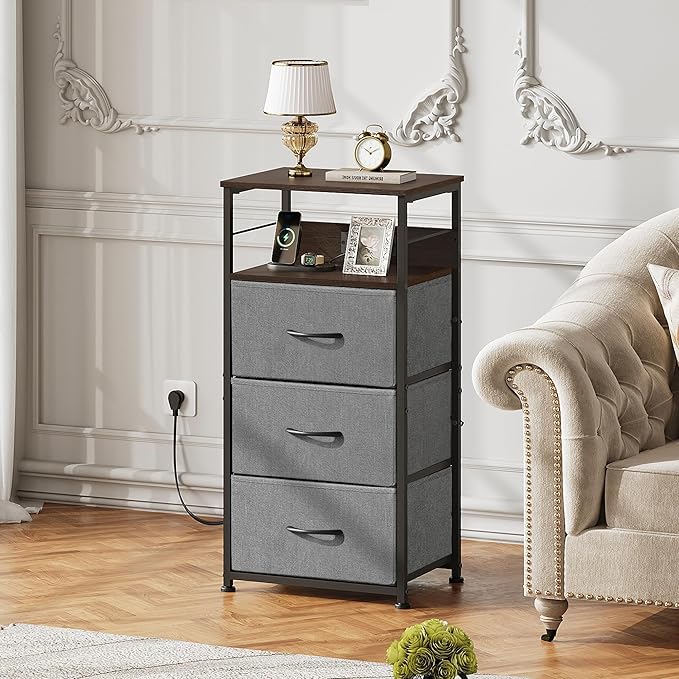 WLIVE Nightstand with Charging Station, 31.9" H Nightstand with 3 Fabric Drawers, LED Bedside Table with USB Ports and Outlets, End Table for Bedroom, Dorm, Entryway, Dark Grey