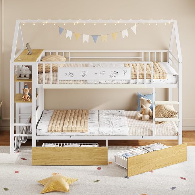 Twin Bunk Bed for Kids with 6 Storage Drawers, Montessori Bookshelf, House Shaped Bed with Globe String Lights and USB Ports, Metal Low Bunk Bed Twin Over Twin with Safety Guardrail and Ladder, White