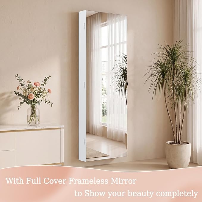 Unisakey Mirror Jewelry Cabinet,Lockable Wall or Door Mounted Jewelry Armoire Organizer With Built-up Mirror,LED Lights, Drawers,Cosmetic Trays,Shelves, 14.4"x3.15"x 43.1"(White)
