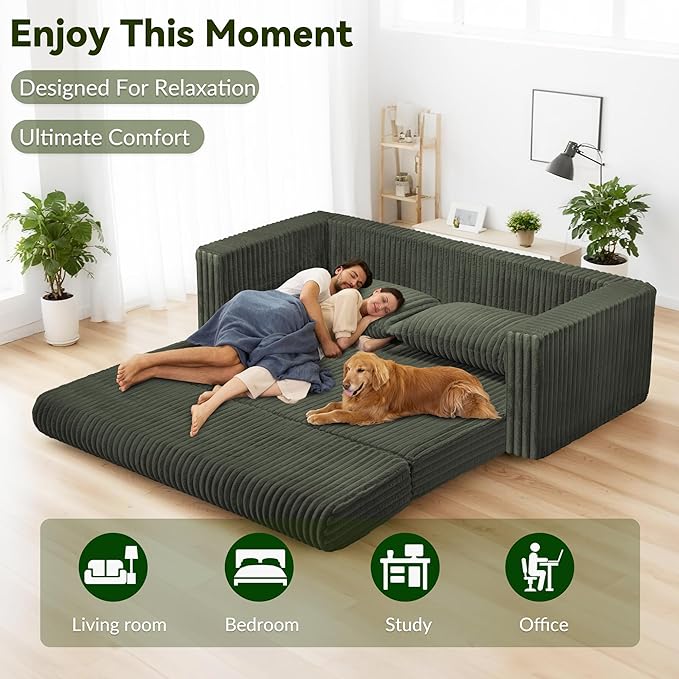 HABUTWAY 68" Loveseat Boneless Couch, 4-in-1 Convertible Sofa Bed, Plush Fur Folding Futon Sofa Bed Couches with 2 Pillows for Living Room, High-Density Foam Support, No Assembly Required, Green