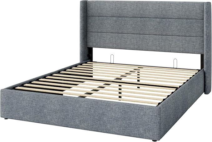 Allewie Full Size Lift Up Storage Bed, Modern Wingback Headboard, Hydraulic Support, No Box Spring Needed, Grey Blue