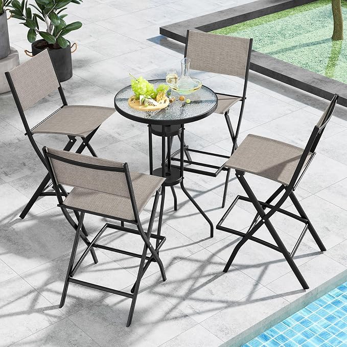 COSTWAY Outdoor Patio Bar Chair Set of 2, Folding Counter Height Stool with Metal Frame & Footrest, Patio Bar Stool for Balcony, Garden & Poolside (2, Coffee)