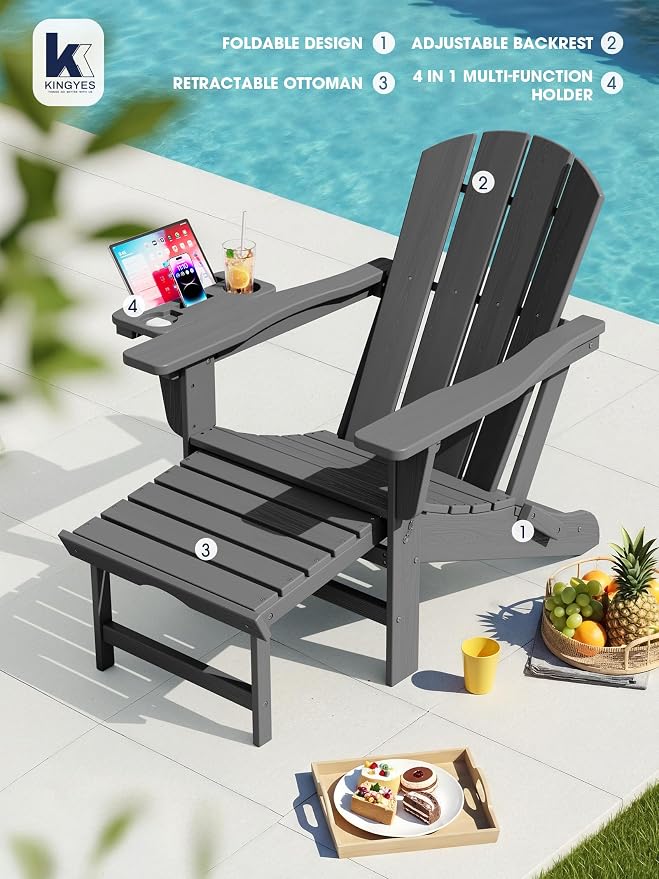 KINGYES Folding Adjustable Adirondack Chair with Ottoman & 2 Cup Holders Set of 2, HDPE Adirondack Recliner Chair with Footrest, Grey