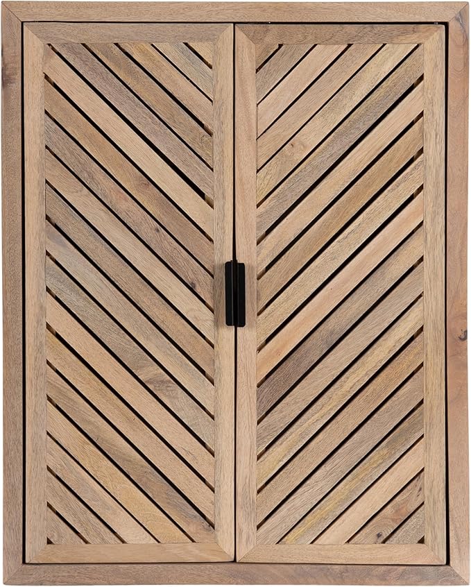 Kate and Laurel Mezzeta Decorative Modern Two-Door Floating Bathroom Cabinet; 22 x 7 x 28; Natural Wood; Decorative Solid Mango Wood Over the Toilet Storage Cabinet with Slatted Chevron Design