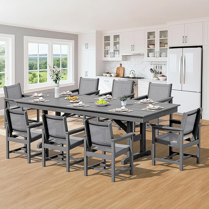 SERWALL 9 Piece Outdoor Dining Set, 84" HDPE Outdoor Large Table and Textilene Sling Chairs for 8,All Weather Patio Dining Furniture Set with Umbrella Hole for Backyard, Garden, Gray