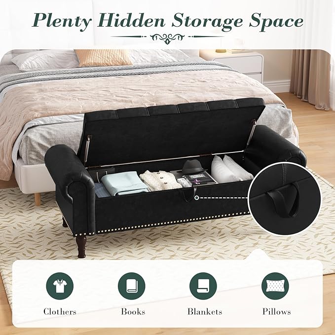 Apicizon 51” Bench with Storage, Queen Size Faux Leather End of Bed Bench with Tufted Button, Ottoman Bench with Rolled Arms & Vintage Rivets for Foot of Bed, Living Room, Entrance, Black