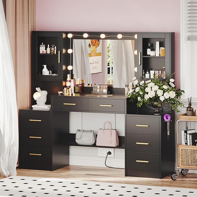 TOKSOM Black Vanity Desk with Mirror, Lights & Charging Station, 58.3" 3 Lighting Modes Makeup Desk with 8 Drawers, 2 Cabinets and Lots Storage, Dressing Table Vanity Set with Lighted Mirror