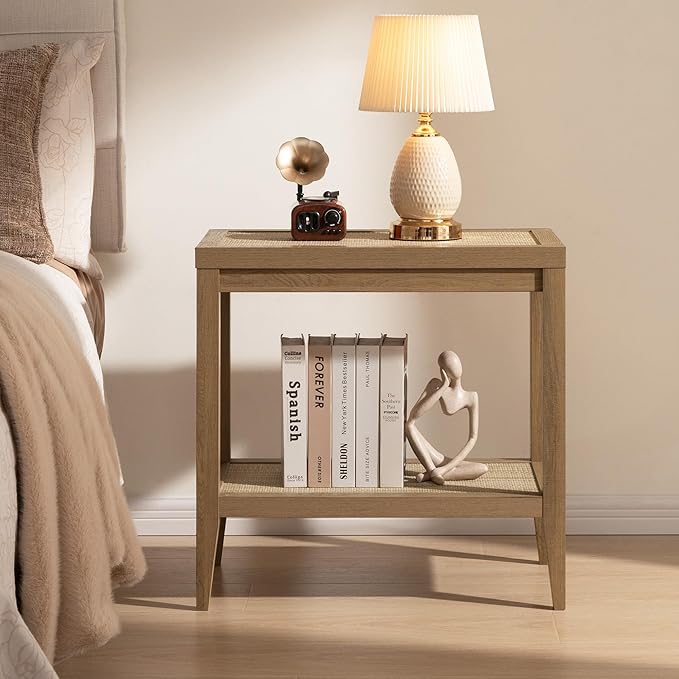 SICOTAS Rattan Nightstands Set of 2 Bedside Table - Boho Narrow End Table Living Room Set of 2 Side Table with Storage Shelves for Small Space - Natural Oak