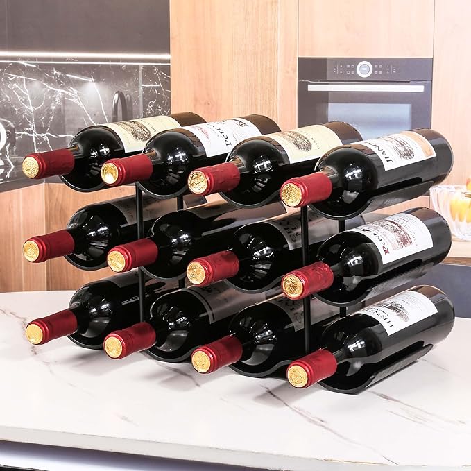 Countertop Wine Rack - 12 Bottle Freestanding Wine Bottle Holder Stand - 3 Tier Wooden Wine Storage Rack - Black Wavy Wine Organizer for Cabinet Pantry Home Kitchen Bar