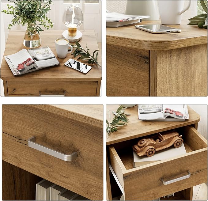 FOTOSOK Nightstand Set of 2, Wood Night Stand Side Table with Drawer and Storage Shelf, Bedside Table End Table, Night Stand for Bedroom, Home Office,Wooden Grain