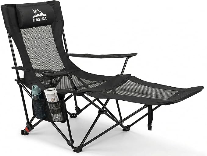 HASIKA Reclining Camping Chair with Footrest, Ultra-Lightweight Portable Folding Lounge Chair for Outdoor Hiking Picnic Beach, 4-Position Adjustable Back Support with Headrest & Carry Bag, Black
