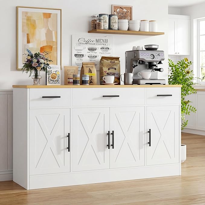 Vongrasig Buffet Cabinet with Storage, Farmhouse Coffee Bar Cabinet with Drawers, 53” Large Modern Sideboard Buffet with Adjustable Shelves for Kitchen, Dining Room, White