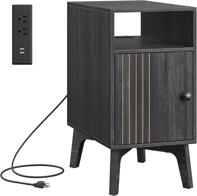 VASAGLE MAEZO Collection - End Table with Charging Station, Narrow Side Table, Nightstand with Tapered Legs, Curved Transitions, for Small Spaces, Living Room, Bedroom, Charcoal Gray ULET329B101S