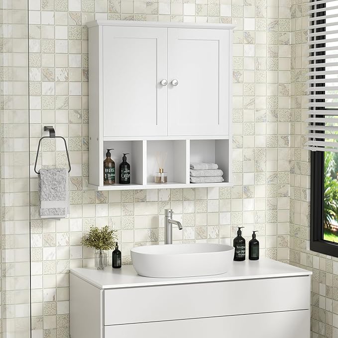 Shintenchi Bathroom Wall Cabinet with Door, Storage Organizer Over The Toilet Medicine, Space Saving with Adjustable & Open Shelf, Solid White
