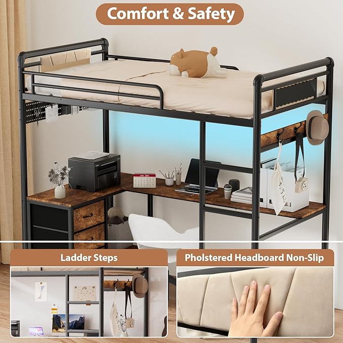 Twin Loft Bed with L Shape Desk, Gaming Bunk Bed with Stairs, Metal Loft Bed Heavy Duty Loft Beds for Adults, 3 Fabric Drawers, LED Lights & Charging Sation, Pegboard & Cloth Hangs
