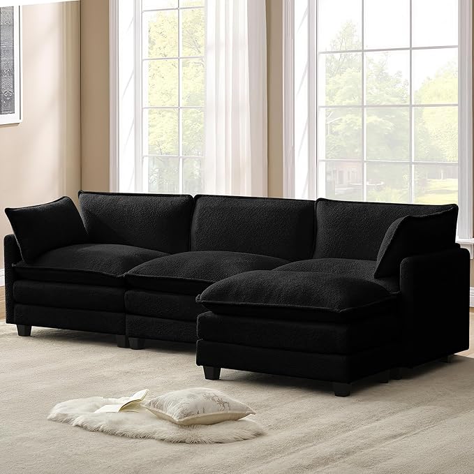 ROWHY 112'' Modular Sectional Cloud Couch with Movable Ottoman, 4 Seat Modern Chenille Sofa with 2 Throw Pillows, Deep Seat L Shaped Couch for Living Room Bedroom Apartment, Black | Arrange Freedom