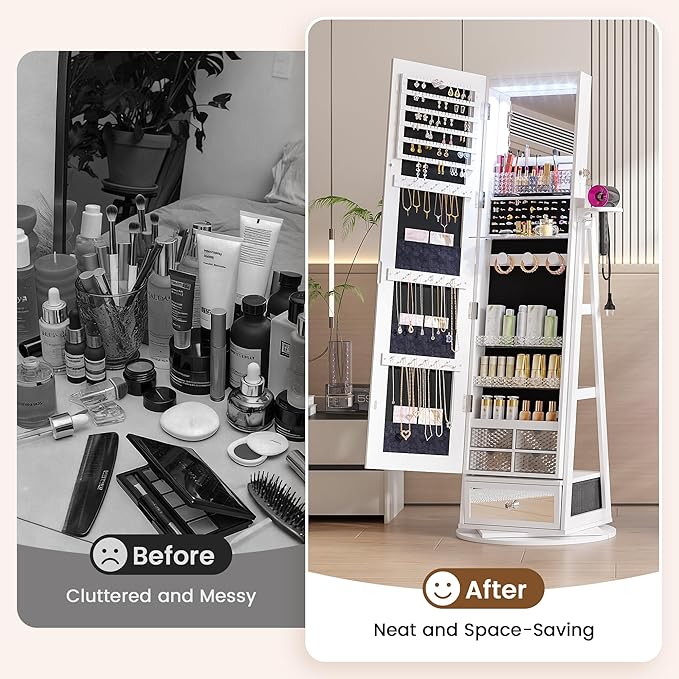 HWB Jewelry Storage Cabinet with LED Full-Length Mirror, 360° Swivel Standing Jewelry Organizers with Shelves & Drawer Storage, Jewelry Armoire with Remote Control Lights, White
