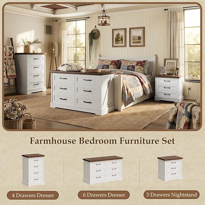 AODK 24 Inch Farmhouse Nightstands with Charging Station, Bedside Tables with Three Drawers, Bed Side Table with Storage, End Tables with Outlet and USB for Bedroom, Living Room, White & Dark Walnut