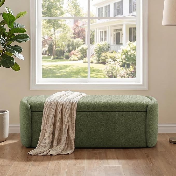 VKNOW 51" Storage Ottoman Bench, Upholstered End of Bed Bench with Smooth Hinges, Oval Large Ottoman Bench for Bedroom, Living Room and Hallway Entryway, Green