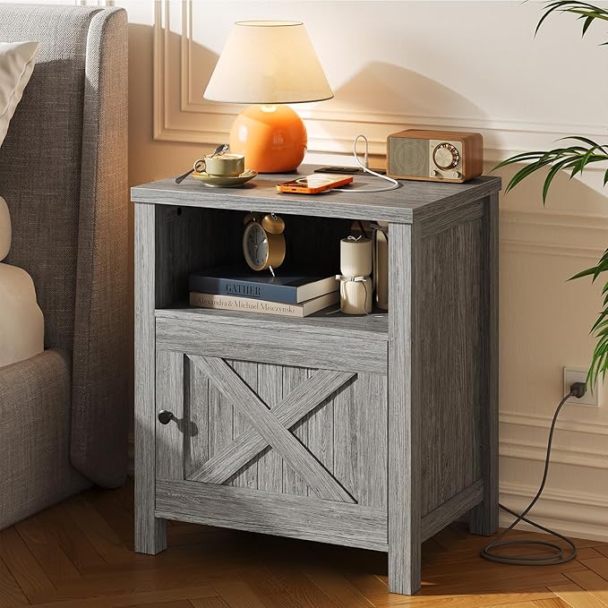 Marsail Farmhouse Nightstand, Wood Bedside Table with Charging Station, Night Stand with Shelf and Doors, End Table with Storage Side Table for Bedroom, Dark Grey (1 Pack)