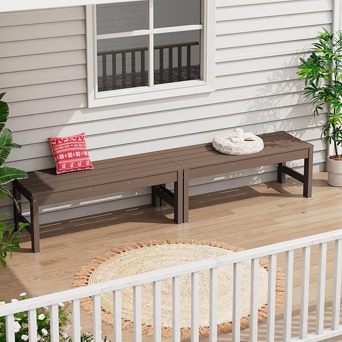 SERWALL 47 Inches Outdoor Bench Set of 2, All Weather HDPE Backless Bench with Wood Grain Texture for Garden Porch and Park, Curved Bench Seat for Comfort, Coffee