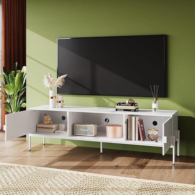 WLIVE 58" TV Stand for 65 Inch TVs, Mid Century Modern Entertainment Center with 2 Storage Cabinets & Open Shelf, Media Console Table with Metal Legs for Living Room, Bedroom, White