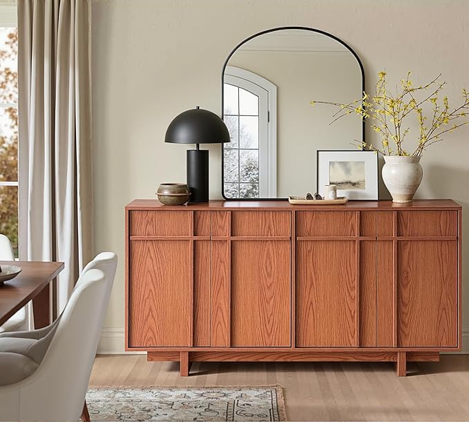 Sideboard Buffet Cabinet with Storage, Mid Century Modern Accent Cabinet with Skeleton Line & Wood Grain Texture, 63" Minimalist Credenza for Living Room Kitchen Dining Room Entryway, Walnut