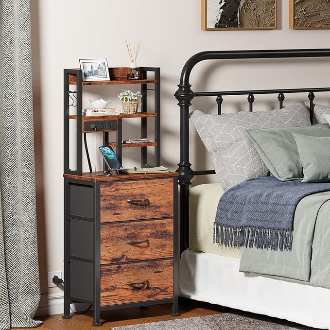 Furnulem Tall Night Stand with LED & USB Ports, 45.3inch Nightstand with Open Bookshelf, Bedside Table with 3 Fabric Drawers for Bedroom/Dorm/Office, Rustic Brown Wood-Metal Frame