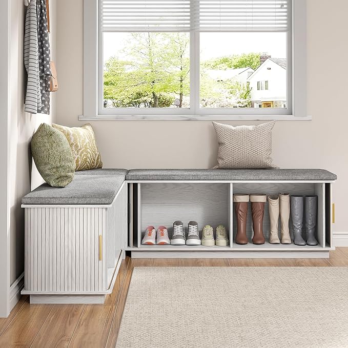 L Shaped Breakfast Nook Bench with Cushion, Kitchen Corner Bench with Hidden Storage, Backless Corner Dining Benches for Kitchen Dining Room Entryway