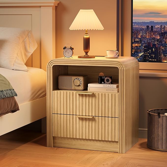 Decofy Fluted Nightstand Set of 2 with Charging Station, 19.7'' Wide Morden End Table with USB/Type-C Ports, 2 Drawers & Open Shelf, Curved Profile Design, Wood Bedside Table for Bedroom (Oak)