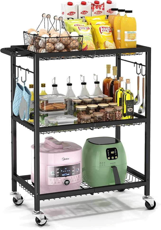 3-Tier Rolling Cart, Space-Saving Kitchen Cart with 150Lbs Capacity, Black Storage Cart with 2 Lockable Wheels for Kitchen Island, Restaurant, Garage, Backyard(No Wooden Boards, Lightweight Version)